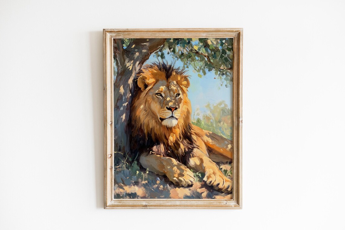 Resting Lion Under Acacia Tree Safari Wildlife Oil Painting Poster