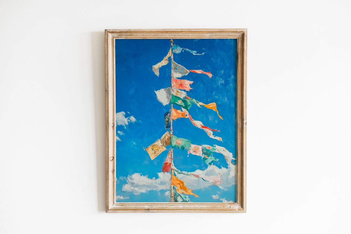 Tall Prayer Flag Pole Multicolor Flags Bright Blue Sky Art Poster