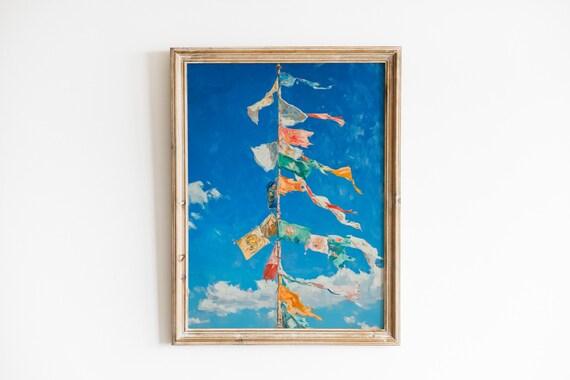 Colorful Prayer Flags In The Breeze Boho Earthy Wall Art Bright Spiritual Oil Painting Airy Travelinspired Decor 729
