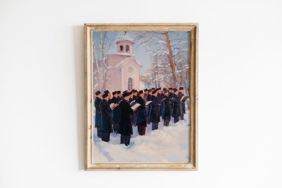 Winter Choir Singing Outdoors Serene Christmas Painting Vintage Snowy Scene Moody Church Festivity Art 993
