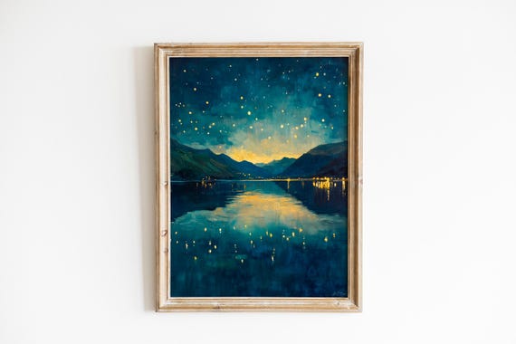 Moody Nightscape Art Starry Sky Over Lake Wanaka Celestial Reflection Tranquil Night Landscape 791