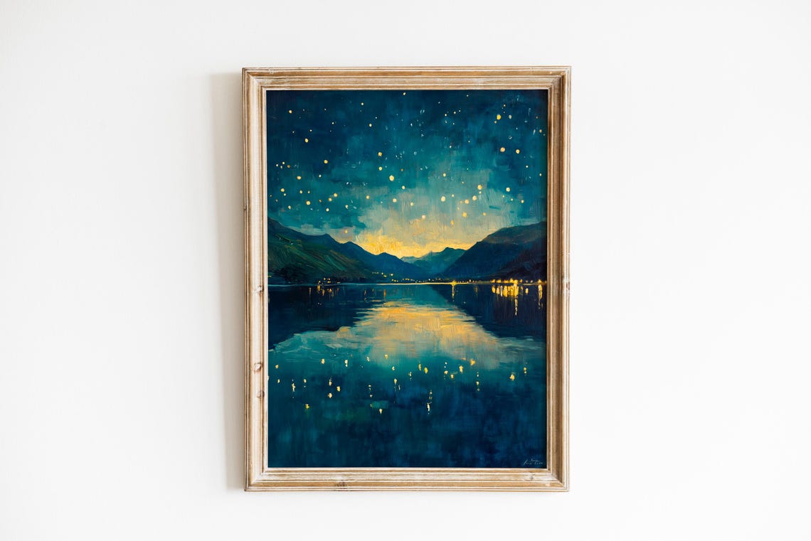 Moody Nightscape Art Starry Sky Over Lake Wanaka Celestial Reflection Tranquil Night Landscape 791