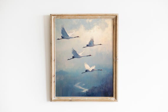 Serene Cranes Flying In Dawn Light Moody Minimalist Wall Art Soft Landscape Painting Nature Decor 283