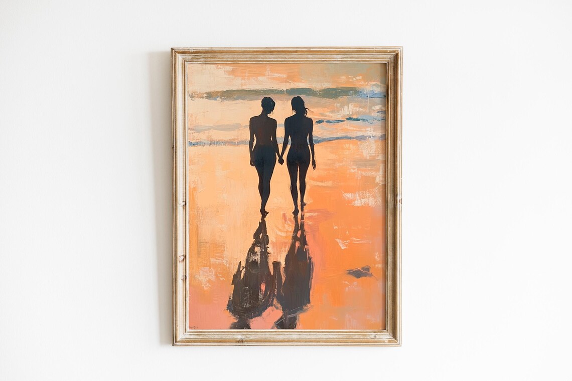 Couple Silhouette Holding Hands Beach Sunset Romantic Art Poster