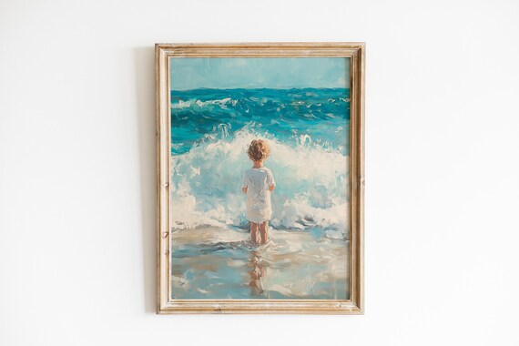 Little Child Standing in Ocean Waves Vintage Coastal Painting Beach Print