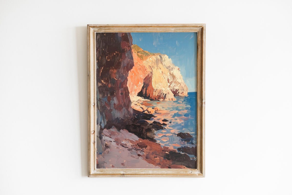 Crimson Coastal Cliffs Sunlit Cove Vintage Landscape Painting Poster