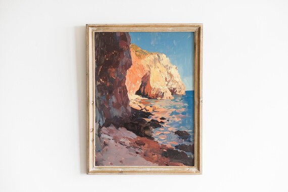 Crimson Coastal Cliffs Sunlit Cove Vintage Landscape Painting Poster