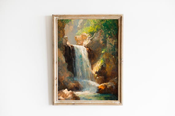 Moody Vintage Waterfall Art Classic Landscape Painting Serene Emerald Cliffs Lush Foliage Rustic Wall Decor 440