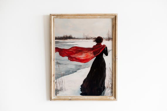 Moody Winter Wall Art Solitary Woman On Snowy Riverbank Romantic Vintage Landscape Dramatic 502
