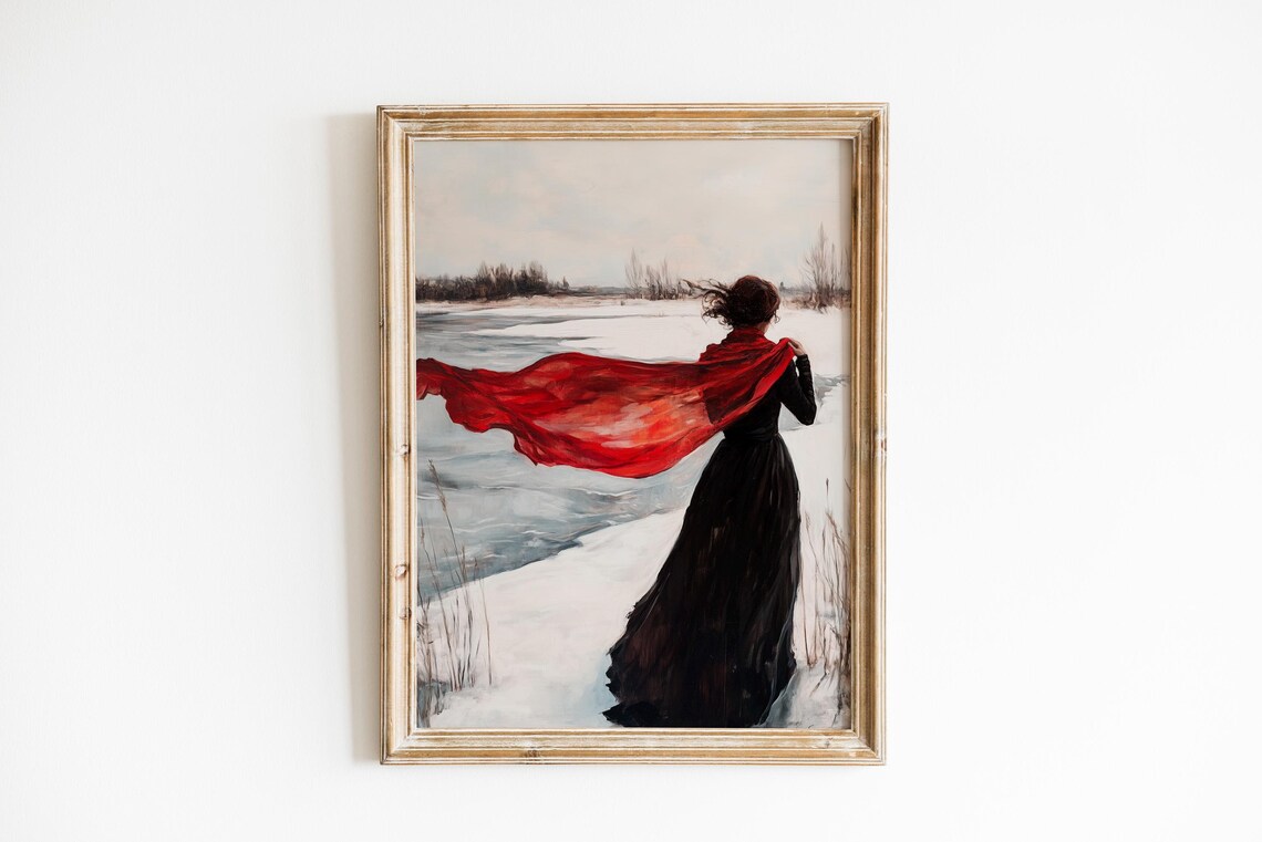 Vintage Woman in Red Scarf by Frozen River Winter Scene Poster
