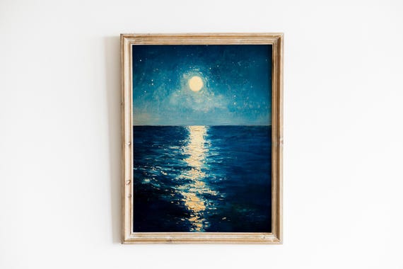 Moody Moonlit Seascape Vintage Night Ocean Landscape Serene Coastal Scene Art Print Nautical Wall Decor 784