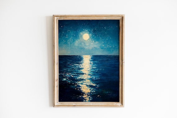 Moonlit Ocean Night Sea Painting Full Moon Reflection Seascape Poster