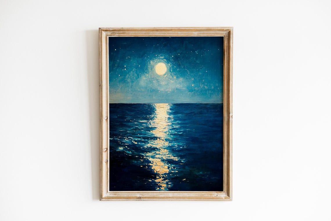 Moonlit Ocean Night Sea Painting Full Moon Reflection Seascape Poster