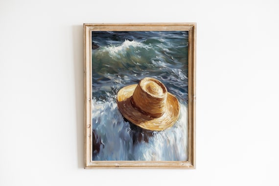 Straw Hat Lost In Swirling Ocean Waves Impressionist Wall Art