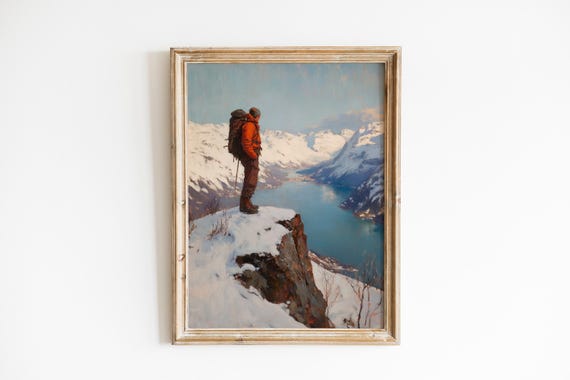 Solitary Hiker On Snowy Ridge Adventurous Landscape Art Dramatic Mountain Scene Turquoise Lake Wall 309