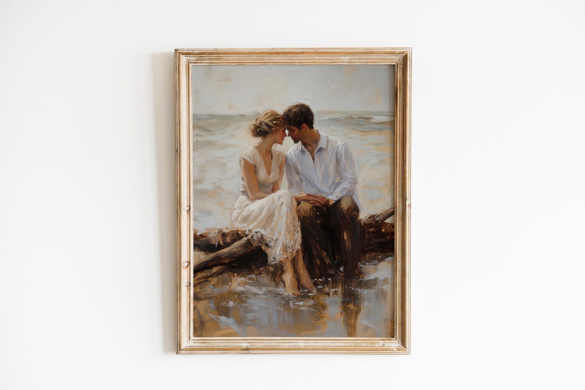 Intimate Couple on Driftwood at the Beach Soft Romantic Art Print