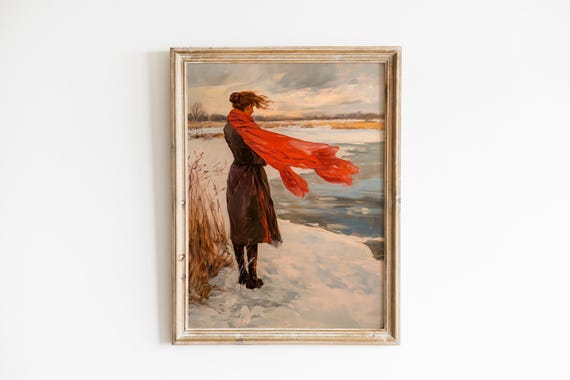 Moody Winter Landscape Print Snowy River Scene Vintage Woman With Red Scarf Contemplative Wall Art 506