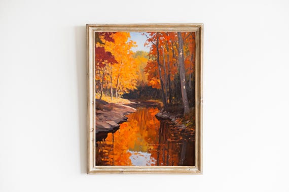 Autumn River Fall Foliage Reflections Golden Forest Oil Painting Poster