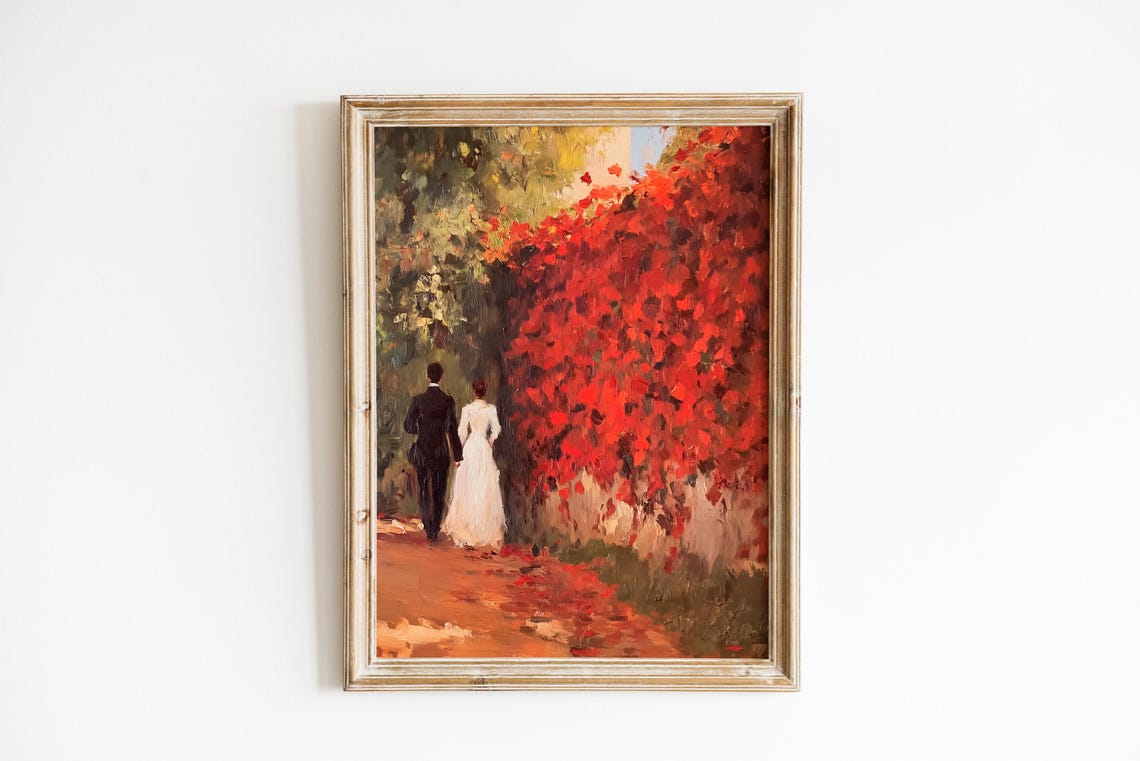 Romantic Autumn Vine Pathway Couple Strolling Fall Oil Painting Poster