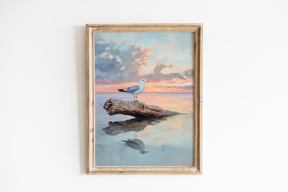 Lone Seagull on Driftwood Sunset Calm Water Wildlife Art Print