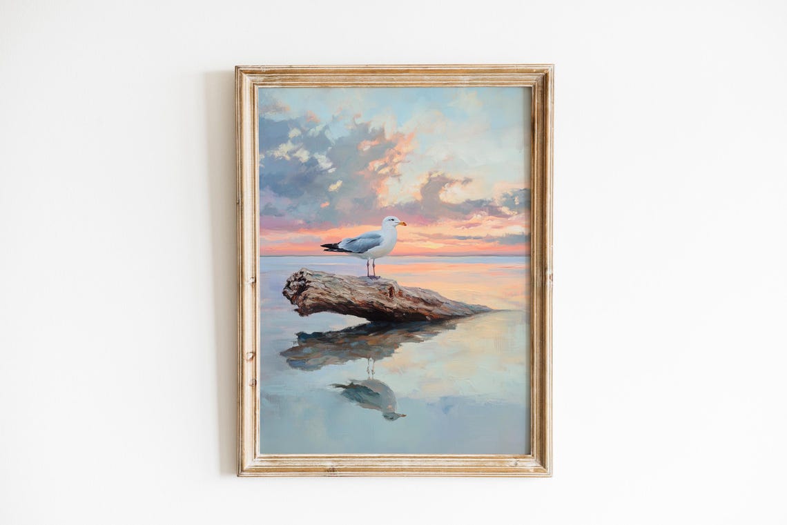 Lone Seagull on Driftwood Sunset Calm Water Wildlife Art Print