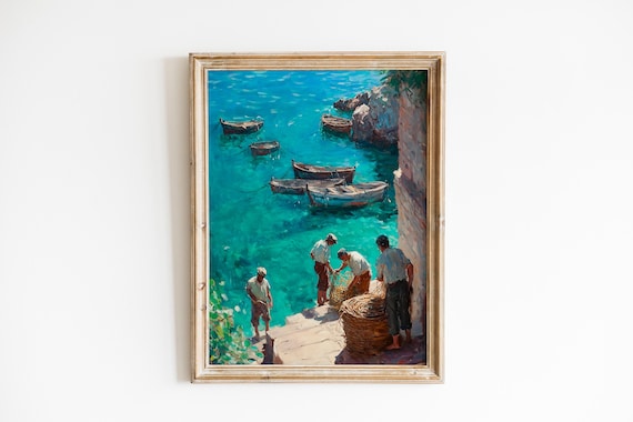 Mediterranean Fishermen Turquoise Quay Boats Impressionist Art Poster