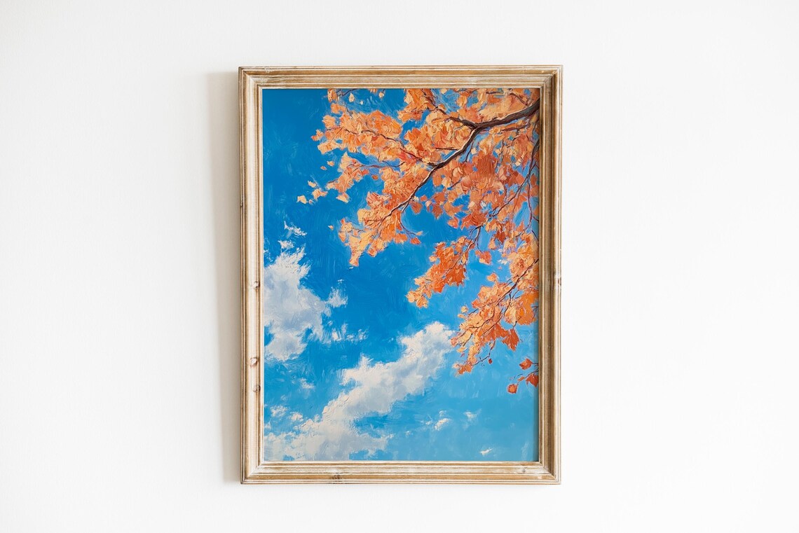 Sunlit Autumn Maple Leaves Against Bright Blue Sky Oil Painting Poster