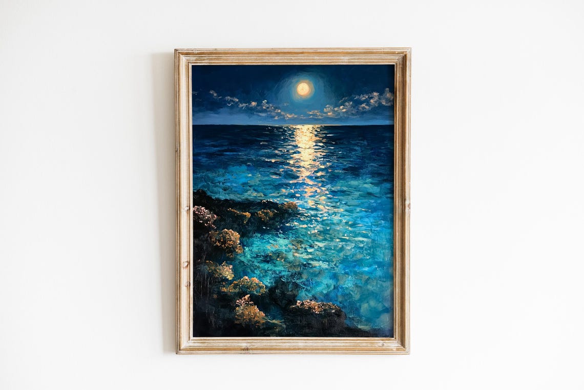 Moonlit Ocean Seascape Night Painting Full Moon Reflection Wall Art