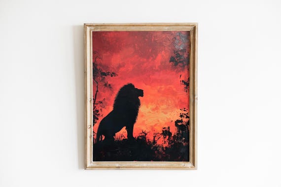 Dramatic Lion Silhouette In Sunset Landscape Moody Safari Scene Bold Wildlife Art Wall Decor Cinematic Evening Sky 1167