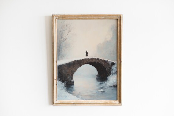 Moody Winter Bridge Print Rustic Wall Art Frosty Landscape Painting Solitary Traveler Reflection 92