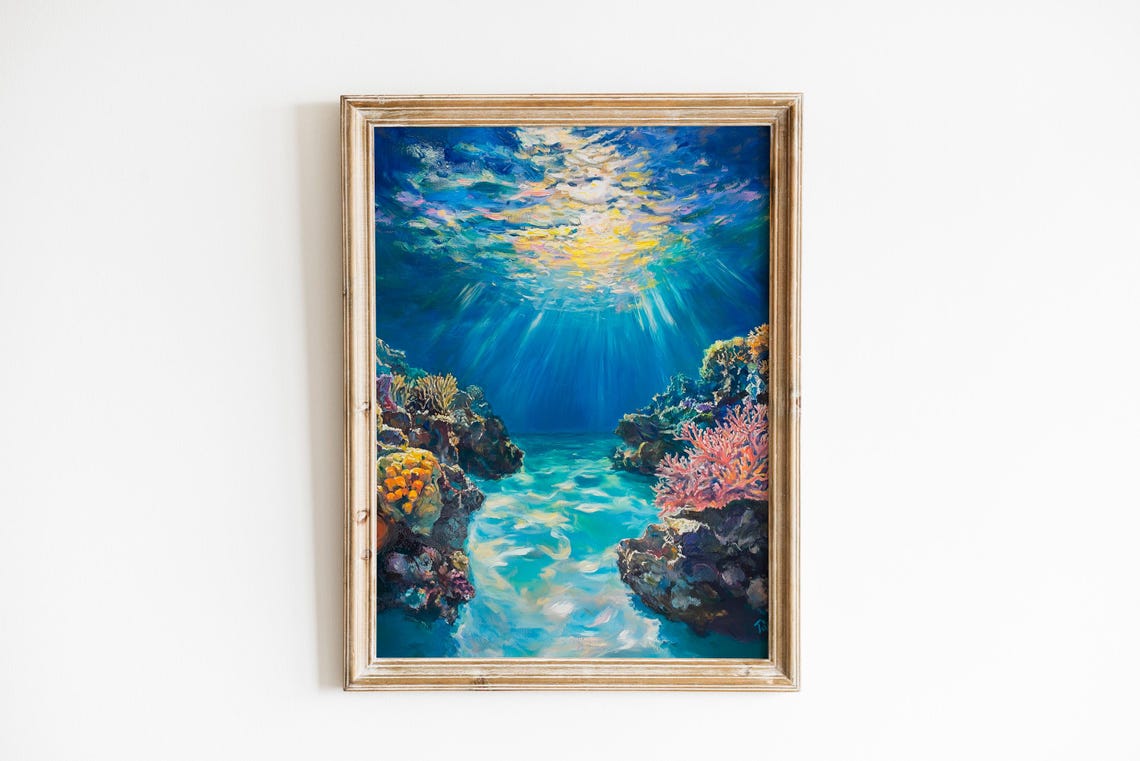 Underwater Coral Reef Sunlight Rays Tropical Ocean Painting Wall Art