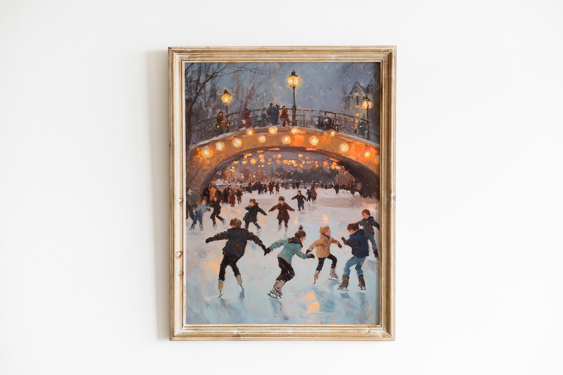Children Ice Skating At Twilight Vintage Winter Pond Scene Poster