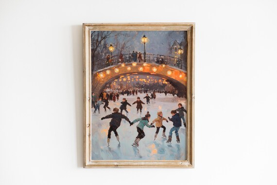 Children Ice Skating At Twilight Cozy Vintage Winter Art Moody Frozen Pond Scene Wall Decor 642