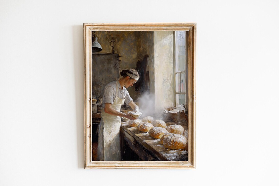 Rustic Bakery Baker Dusting Fresh Bread Loaves Cozy Oil Painting Poster