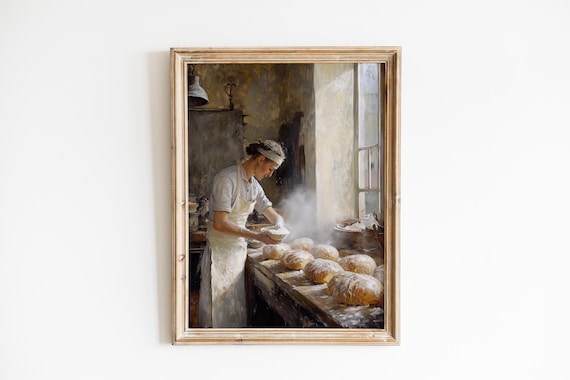 Rustic Bakery Baker Dusting Fresh Bread Loaves Cozy Oil Painting Poster