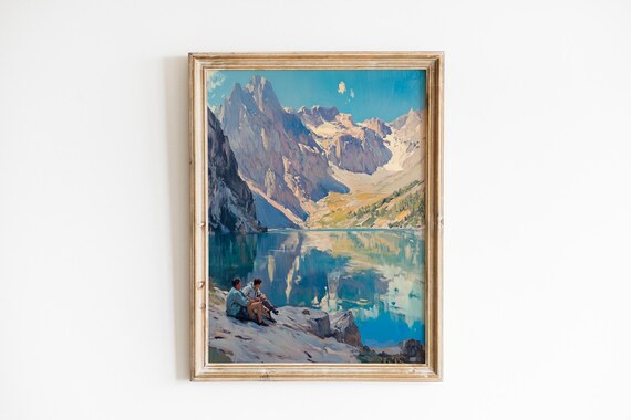 Two Hikers by Turquoise Alpine Lake Mountain Landscape Poster