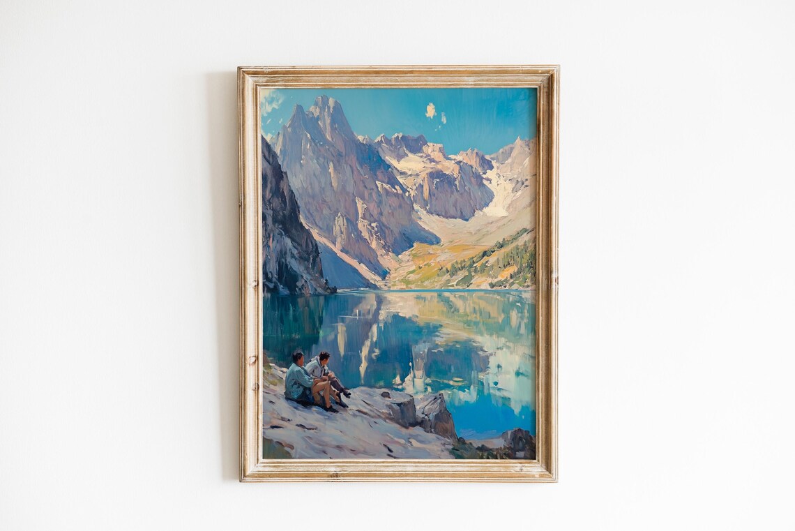 Two Hikers by Turquoise Alpine Lake Mountain Landscape Poster