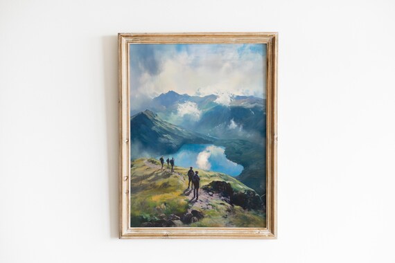 Hikers on Mountain Ridge Above Blue Lake Scenic Painting Poster