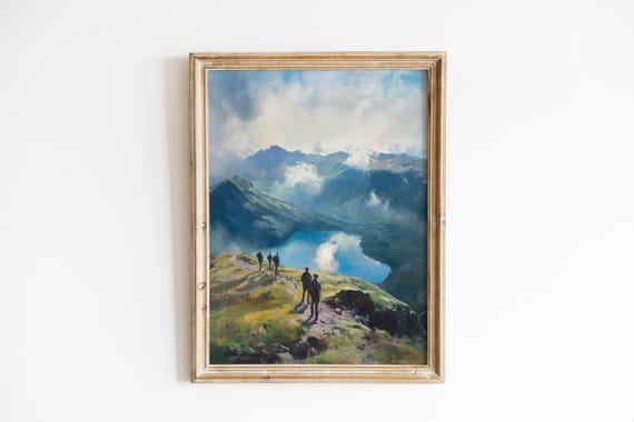Moody Hikers On Grassy Ridge Scenic Adventure Landscape Art Wanderlust Wall Decor Dramatic Lighting 499