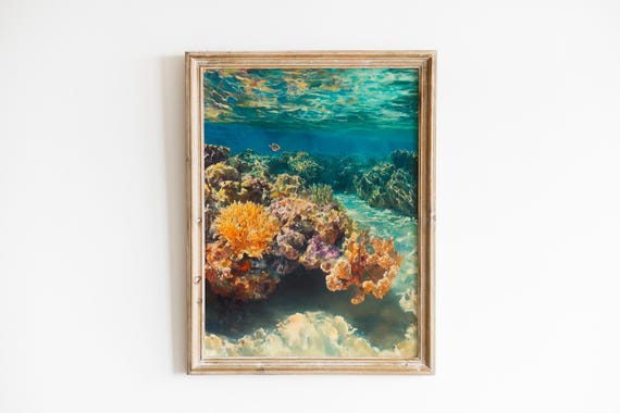 Underwater Coral Reef Art Vibrant Coastal Scene Tropical Beach Decor Realistic Painting Colorful Ocean 281