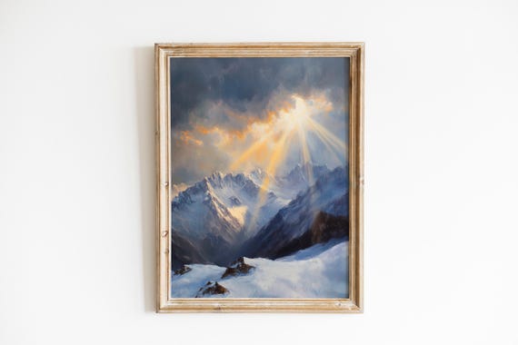 Dramatic Snowy Mountain Peaks Painting Moody Sunlit Snow Stormy Sky Majestic Landscape Serene Winter Art Decor 393