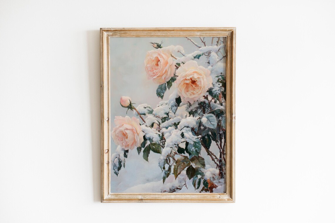 Snow Covered Winter Roses Pink Blush Frosted Floral Vintage Poster