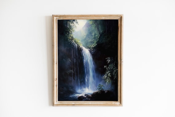 Moody Waterfall in Dark Jungle Cliffs Misty Tropical Nature Art Poster
