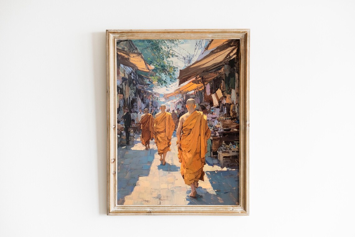 Buddhist Monks Morning Alms Street Market Oil Painting Travel Poster