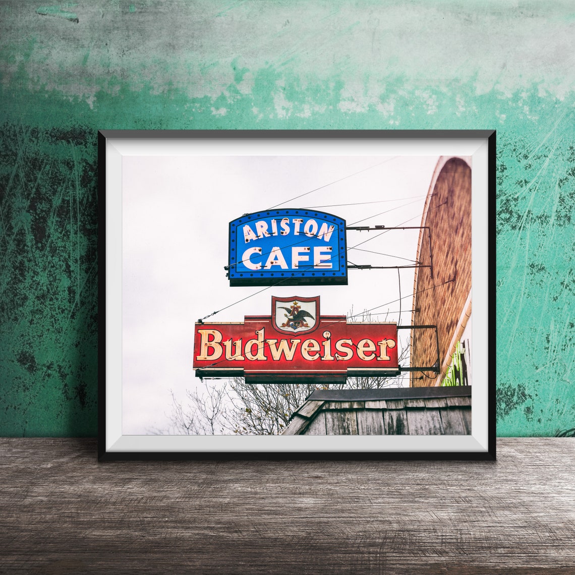 Ariston Cafe Vintage Diner Sign and Classic Budweiser Sign Poster