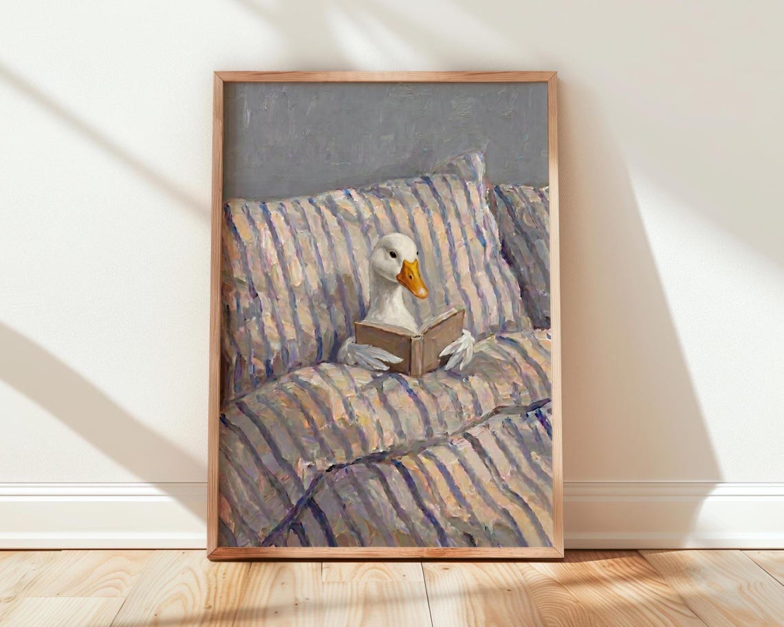 Goose Reading In Bed Funny Whimsical Bedtime Oil Painting Print