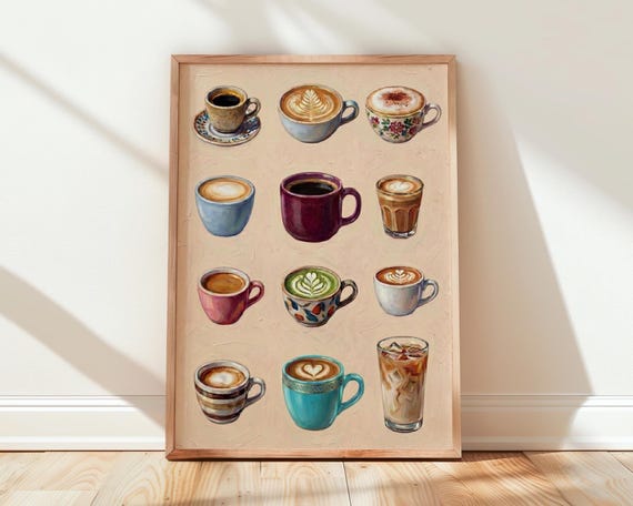 Coffee Cups Print Cream Kitchen Wall Art