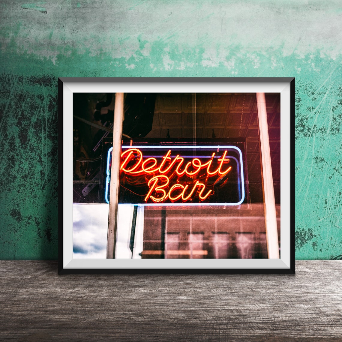 Detroit Bar Glowing Red Orange Neon Window Sign Photo Poster