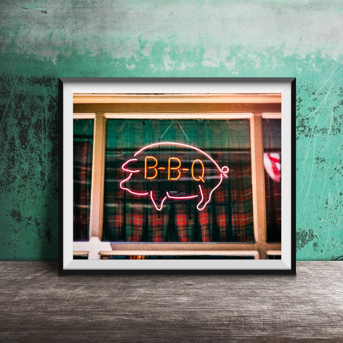 B-B-Q Neon Pig Sign in Window with Plaid Curtain Photography Poster