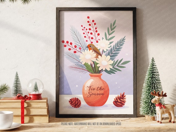 Tis the Season Winter Robin in Vase Festive Christmas Poster